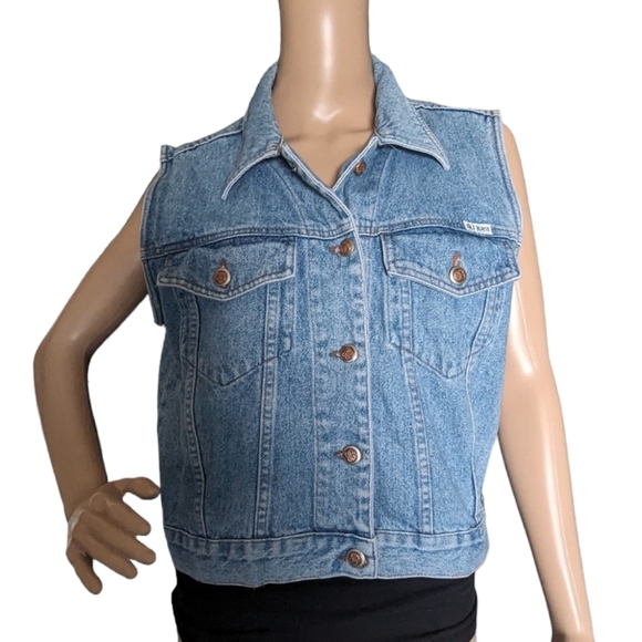 Vintage Bill Blass Denim Waistcoat Vest Sleeveless Biker Trucker Jacket Size M - Picture 2 of 9